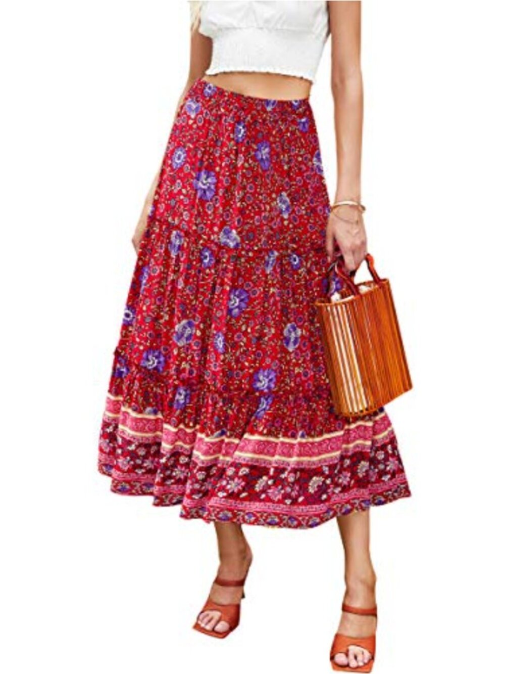 Floral Midi Skirt High Waist A-Line Swing Skirt Cotton Blend